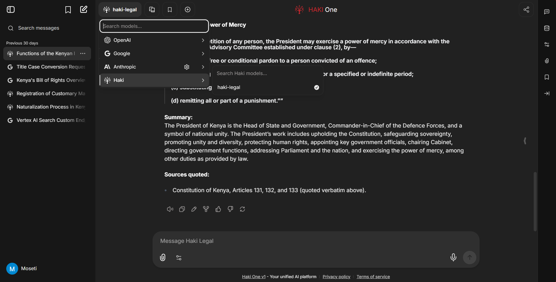 Haki workspace showing Kenyan legal research and a choice of AI models