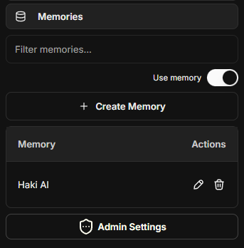 The Memories panel in Haki One